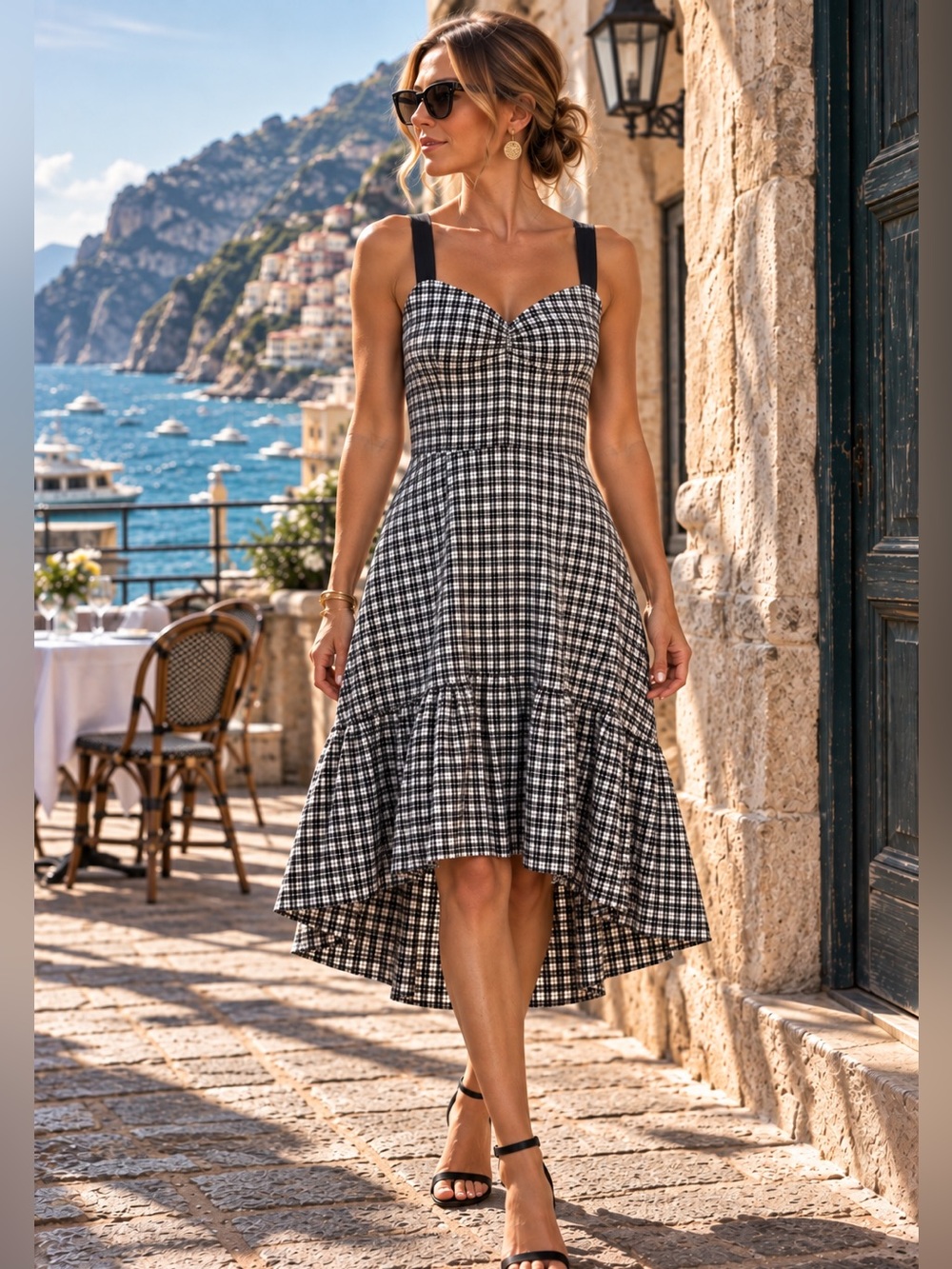 Parker Black White XL Gingham High Low Dress Ruffle European Resort NWT